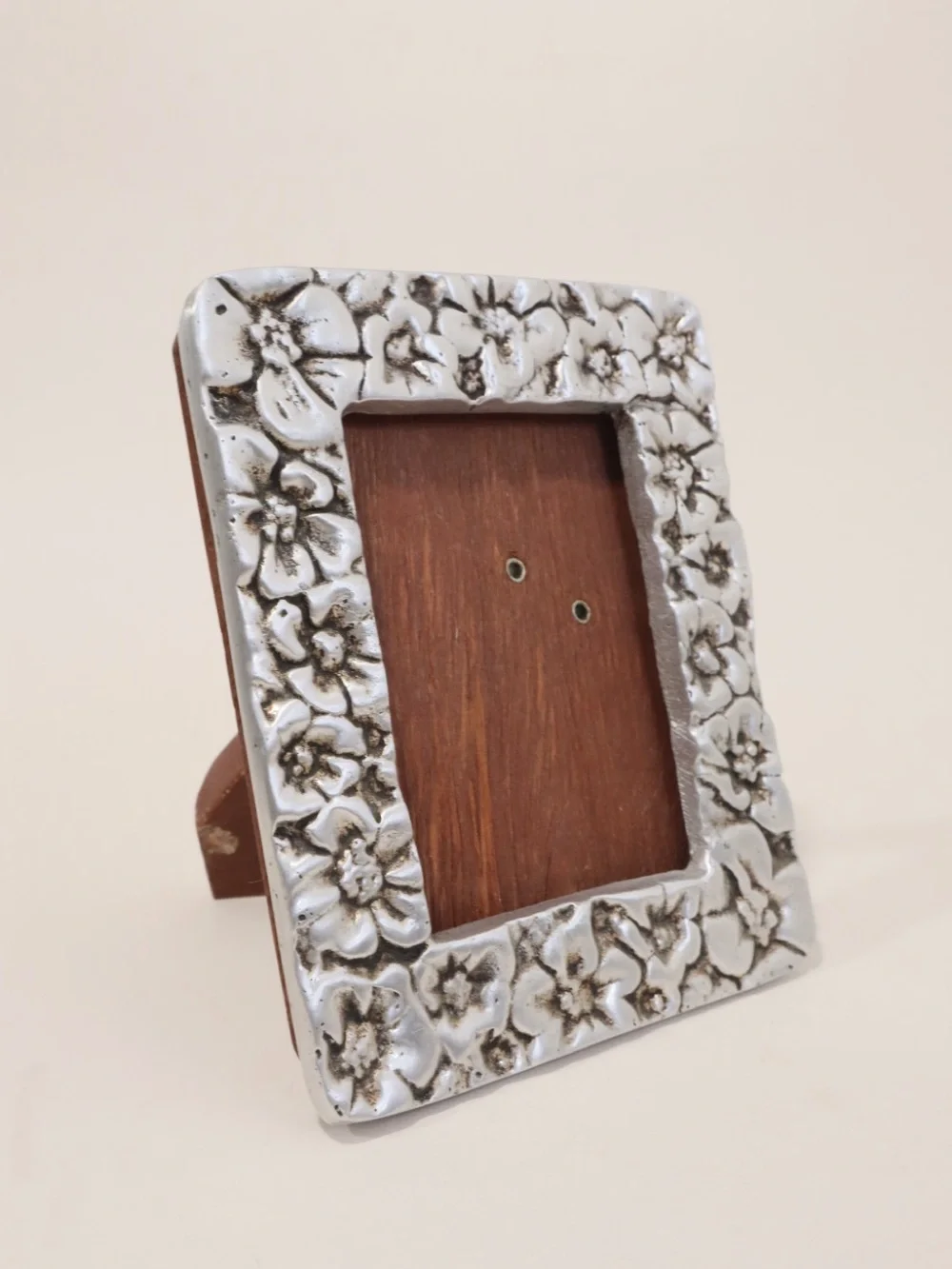 Vintage Mexican Pewter Picture Frame Floral Design Handmade Wood Easel Back 4x5”